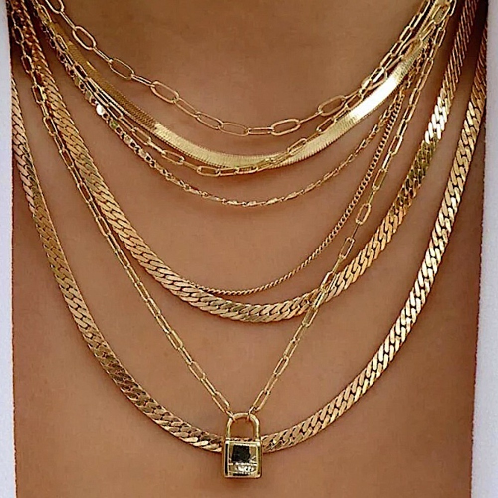 Gold Plated 18K Multilayer Necklace, Chain Link, Paperclip, Cuban, Lock